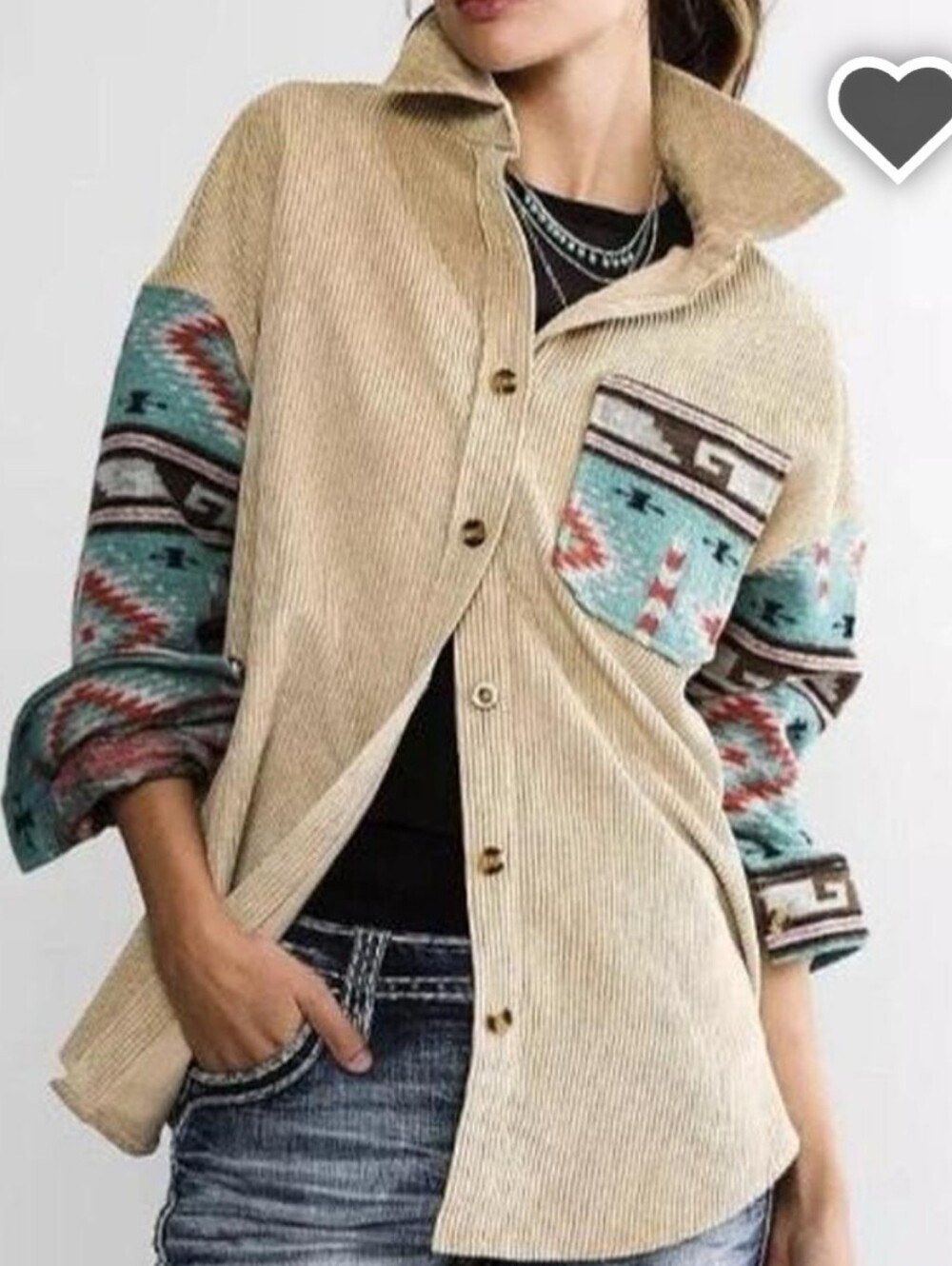 BKE Corduroy Shacket With Aztec Print Sleeves